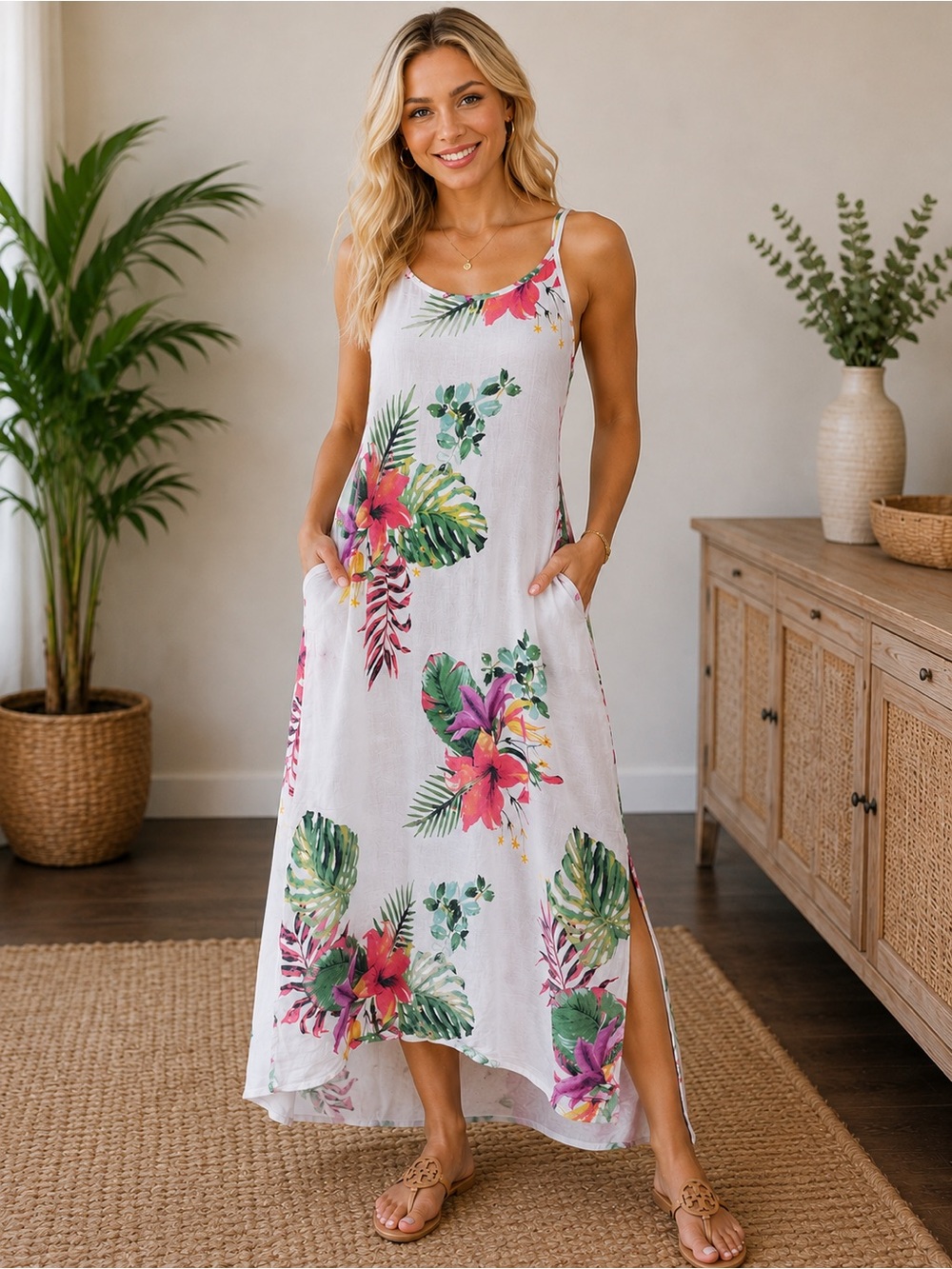 Lungo L’Arno 100% Linen Tropical Floral Maxi Dress L Made in Italy